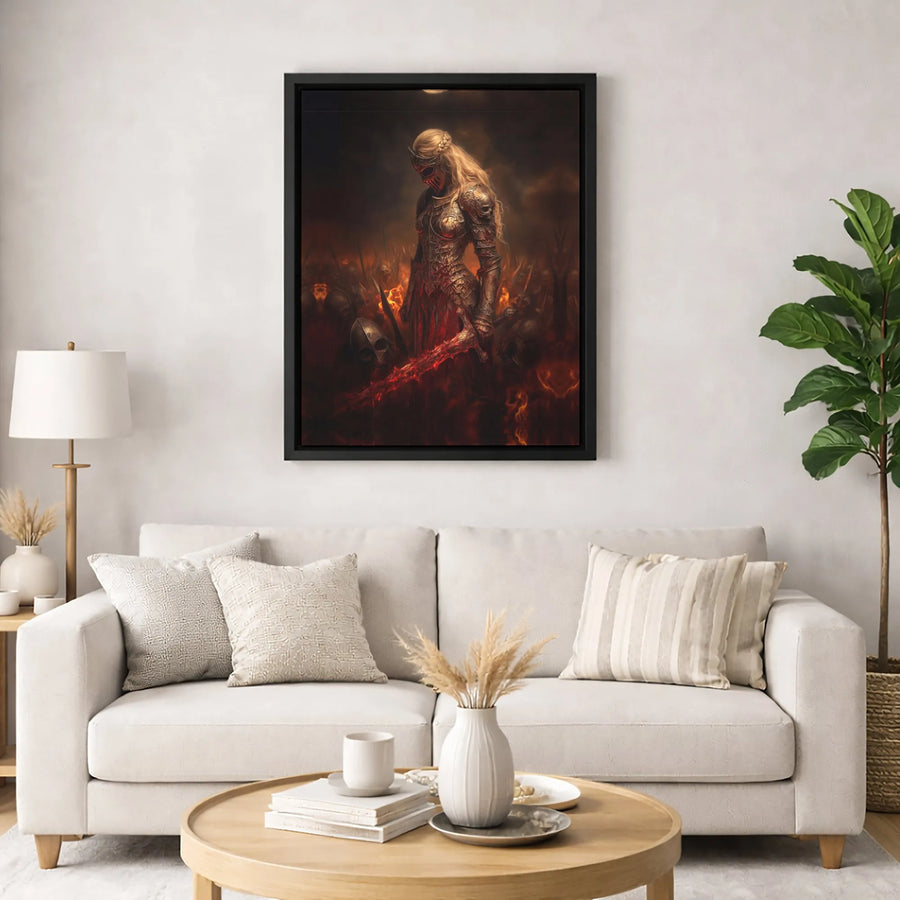 Dark Fantasy Warrior Wall Art | Blonde Knight with Fiery Sword | Premium 1.25-Inch Gallery Wrap Canvas | Gothic Decor for Gamers and Collectors