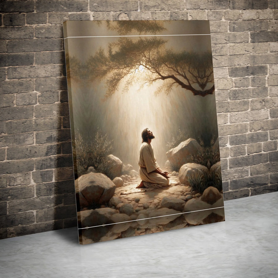 Jesus Praying In Gethsemane Wall Art | Spiritual Light From Heaven Canvas Print | Premium Gallery-Wrapped Decor | Religious Christian Gift