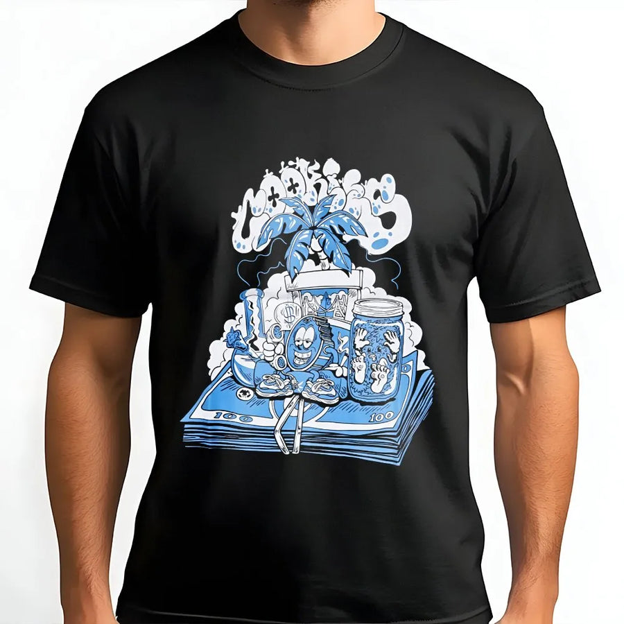 Streetwear Graphic T-Shirt | Cartoon Money Stacks and Palm Tree Design | Premium 100% Cotton | Urban Casual Style Gift for Men and Women