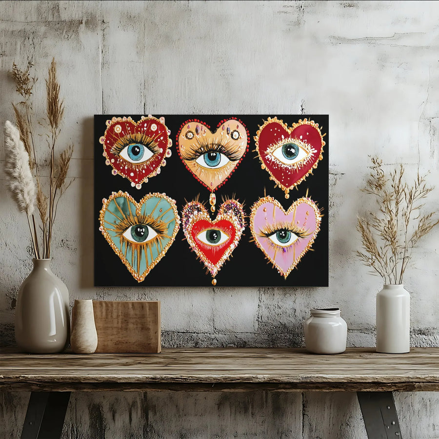 Evil Eye Heart Canvas Wall Art | Colorful Boho Decor Prints | Gallery Quality Stretched Frames | Spiritual Protection Gift for Home Office
