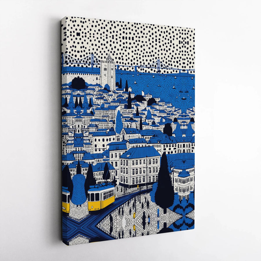 Lisbon Portugal Canvas Wall Art | Modern Graphic Illustration with Yellow Tram | Premium Matte Canvas Print | Travel Lover Gift for Home Decor