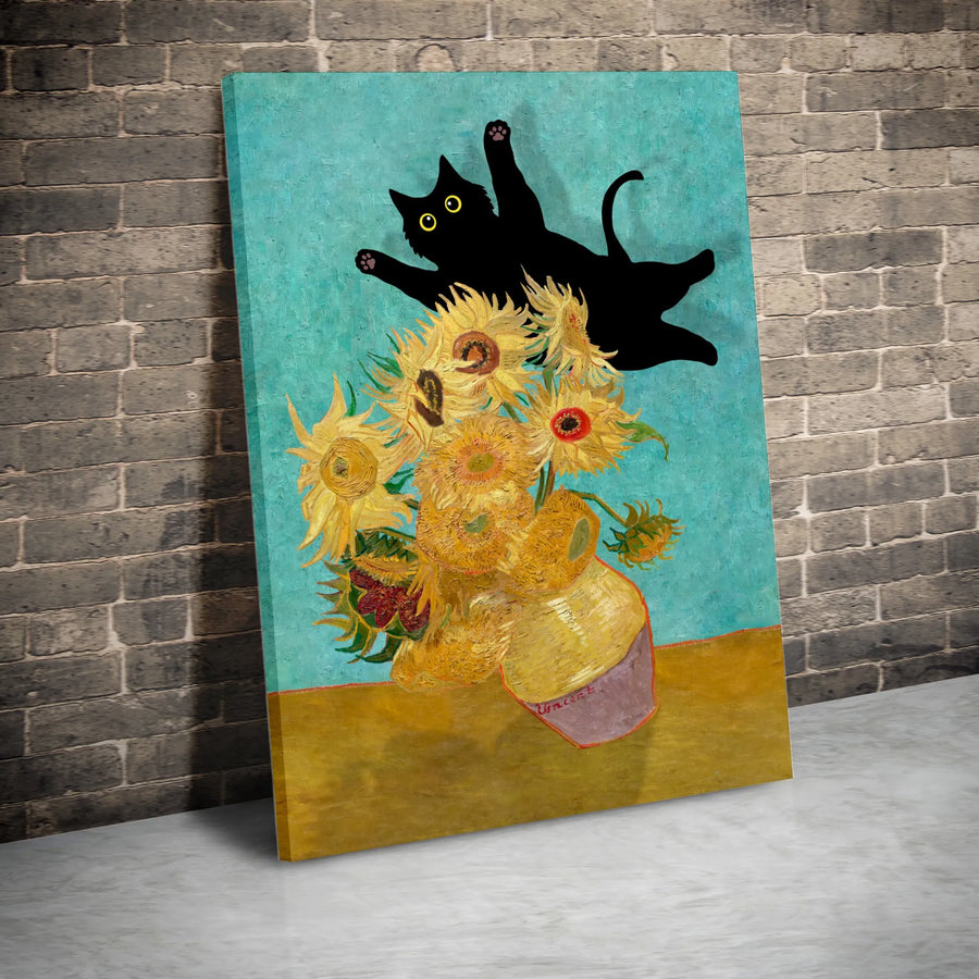 Funny Black Cat Van Gogh Canvas Print | Sunflowers Parody Painting | Premium Gallery Wrapped Art | Gift for Cat Lovers & Art History Fans