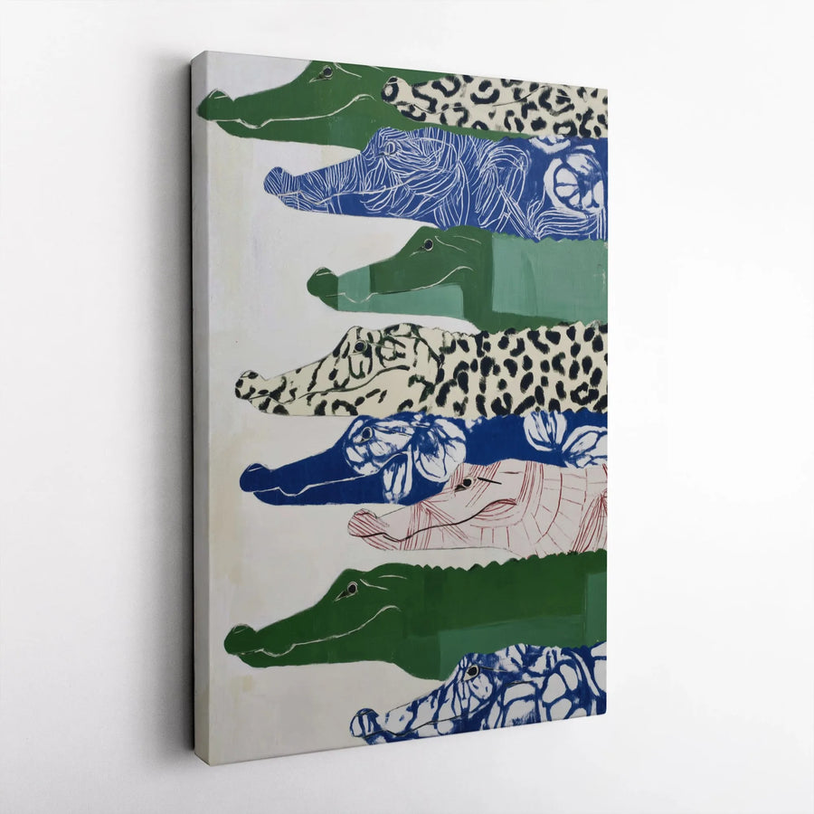 Stacked Alligator Canvas Wall Art | Colorful Wildlife Patterned Collage | Gallery Wrapped Premium Decor | Modern Animal Lover Gift