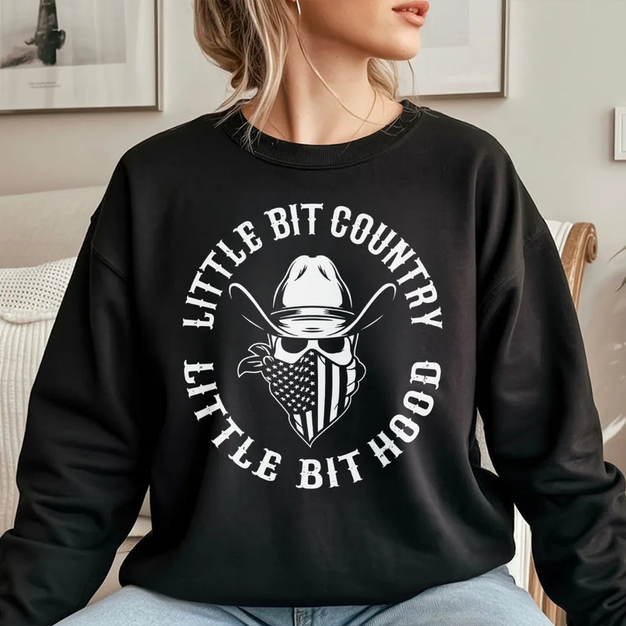Little Bit Country Little Bit Hood Sweatshirt | American Flag Cowboy Skull Graphic | Premium Unisex Cotton Blend | Funny Music Gift for Country Lovers
