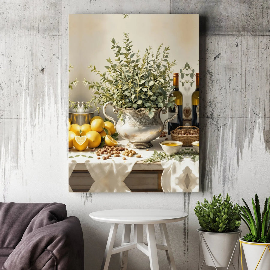 Still Life Lemon Canvas Wall Art | Rustic Silver Pitcher & Wine Decor | Premium 1.25" Gallery Wrap | Tuscan Kitchen & Dining Room Gift