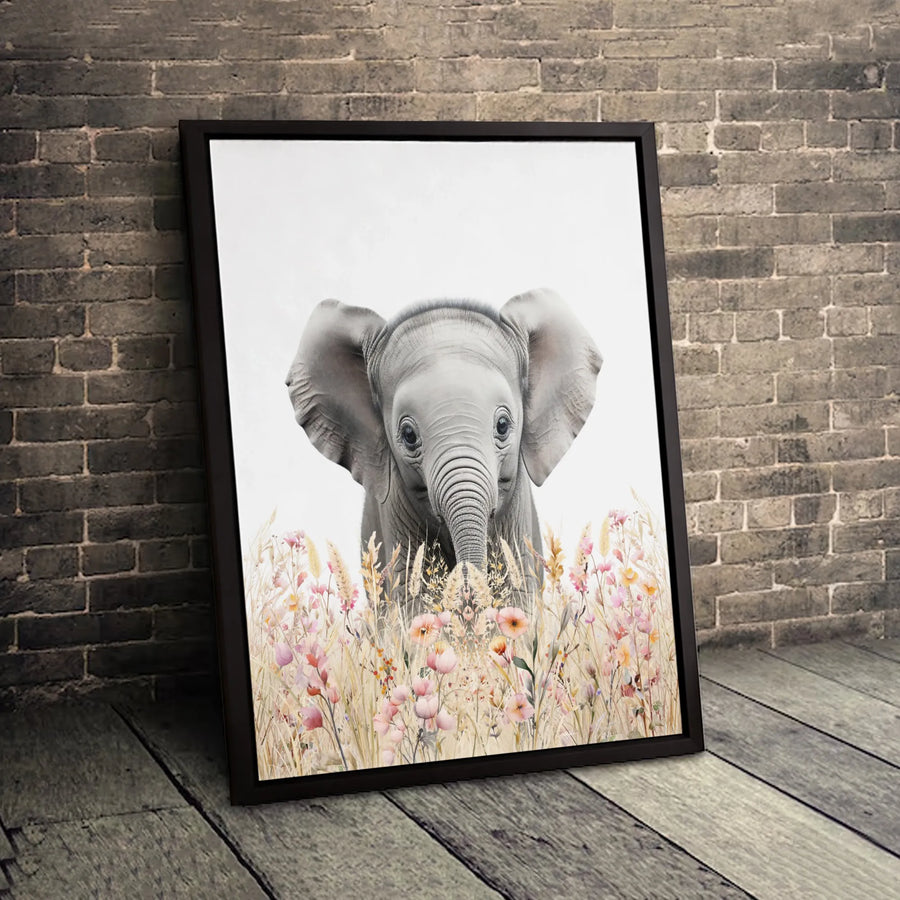 Baby Elephant Wall Art | Wildflower Meadow Nursery Decor | Premium Gallery Wrap Canvas | Cute Animal Safari Gift for Kids Room