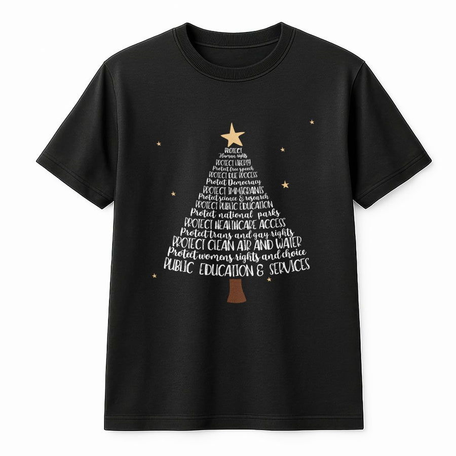 Progressive Christmas Tree T-Shirt | Social Justice Holiday Activism Design | Premium Cotton Unisex Graphic Tee | Gift for Activist Women and Men