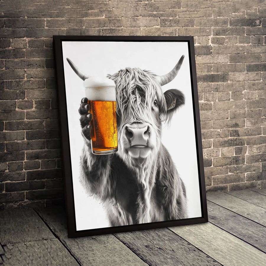 Highland Cow Beer Canvas Wall Art | Funny Farmhouse Kitchen Decor | Premium 1.25 Inch Gallery Wrap | Gift for Beer Lovers & Bar Room Decor