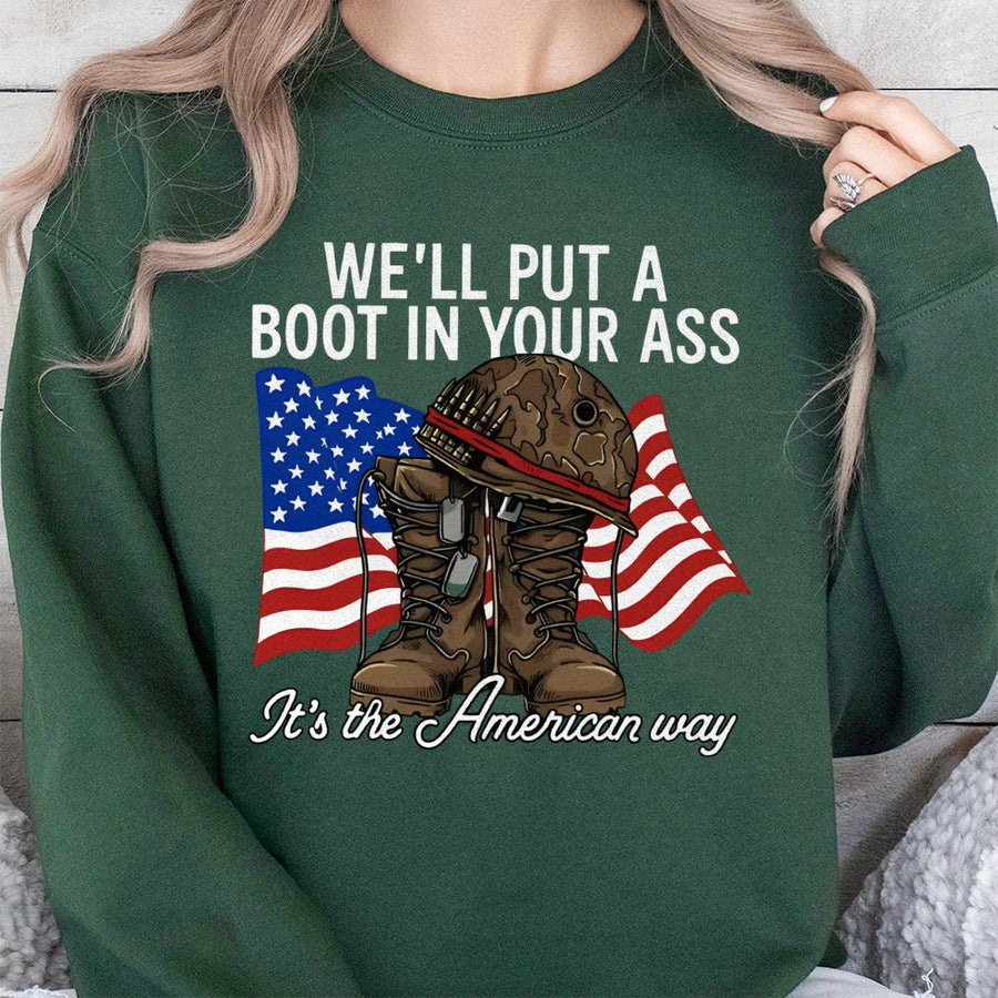 American Flag Military Sweatshirt | Patriotic Army Boot Helmet Graphic | Premium Cotton Blend | Gift for Veterans and Country Music Fans