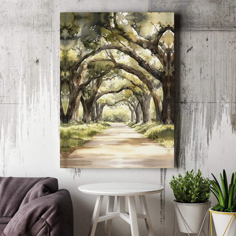 Watercolor Live Oak Tree Alley Vertical Canvas | Scenic Forest Path Landscape Wall Art | Premium 1.25 Inch Gallery Wrap | Cozy Nature Lover Gift