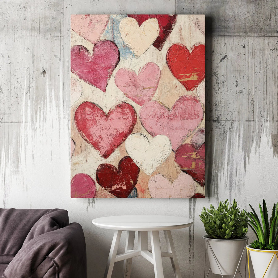 Abstract Heart Wall Art | Textured Red and Pink Oil Style Canvas | Gallery Wrapped Premium Print | Romantic Modern Home Decor Gift