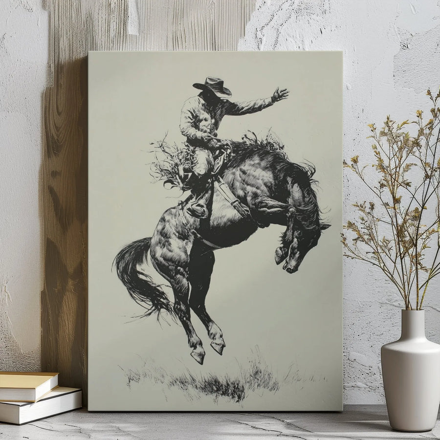 Western Cowboy Wall Art | Bucking Bronco Sketch Print | 1.25 Inch Gallery Wrap Canvas | Rustic Home Decor for Rodeo Fans and Ranchers