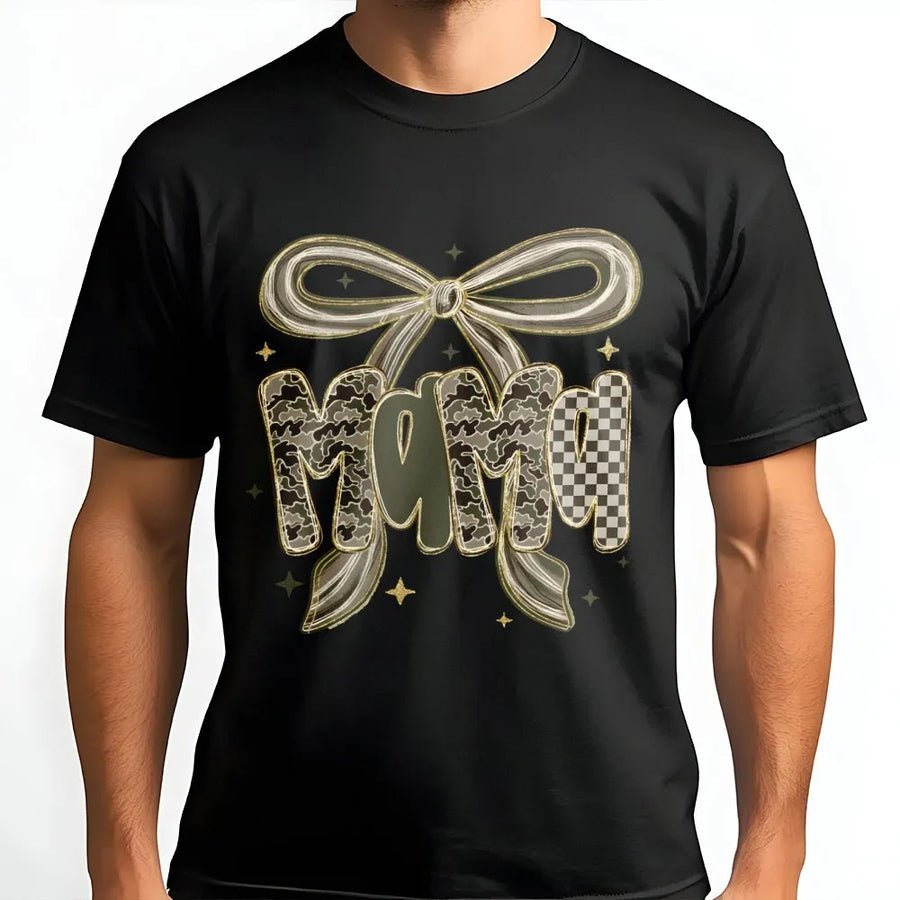 Mama Camo Bow T-Shirt | Western Checkered Coquette Aesthetic | Premium Soft Cotton | Stylish Gift for Hunting Mom and Country Girls
