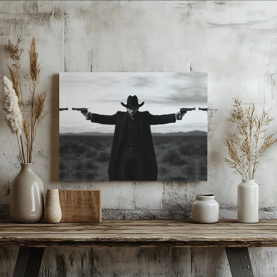 Western Cowboy Wall Art | Black and White Gunslinger Portrait | Premium Gallery-Wrapped Canvas | Masculine Office and Living Room Decor Gift