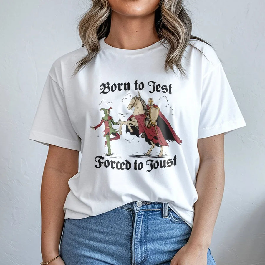 Born To Jest Forced To Joust T-Shirt | Funny Medieval Knight Meme Graphic | Premium Soft Cotton Tee | Unique Gift For History Buffs And Gamers