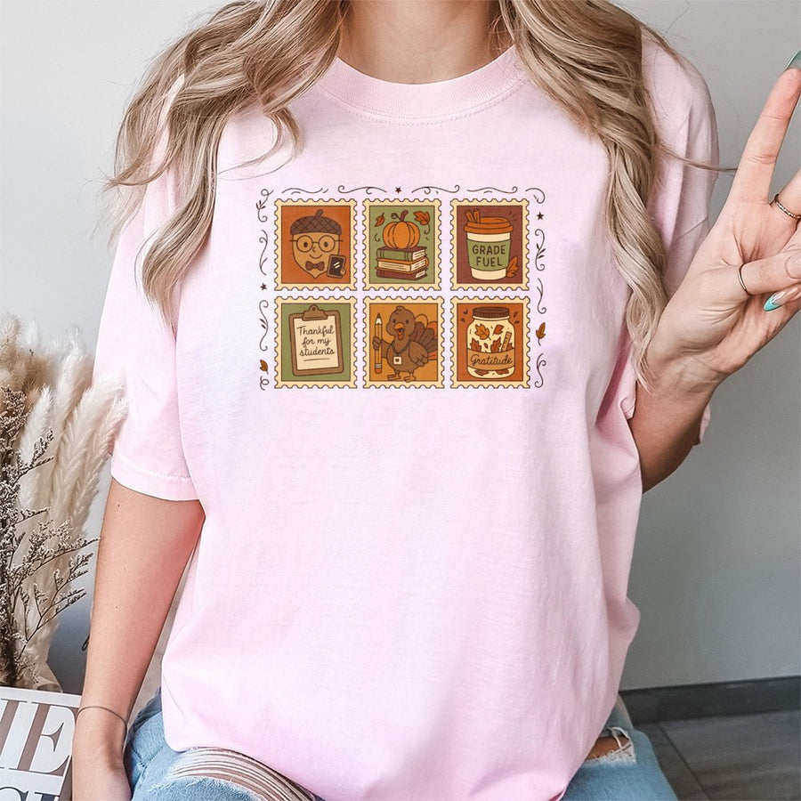 Thankful Teacher T-Shirt | Thanksgiving Stamp Design | 100% Cotton Premium Tee | Cute Fall Classroom Apparel Gift for Educators