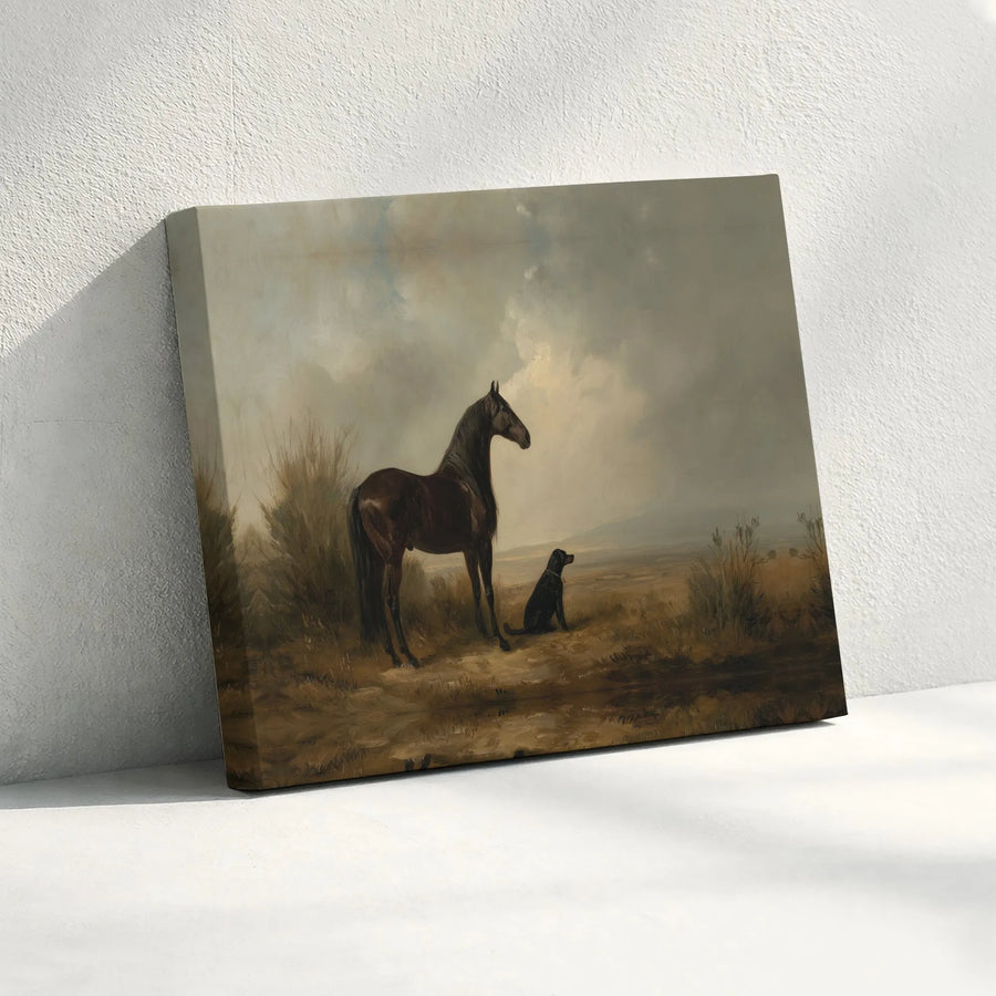 Vintage Horse And Dog Oil Painting Print | Rustic Equestrian Wall Art | Premium 1.25-Inch Gallery Canvas | Farmhouse Home Decor Gift