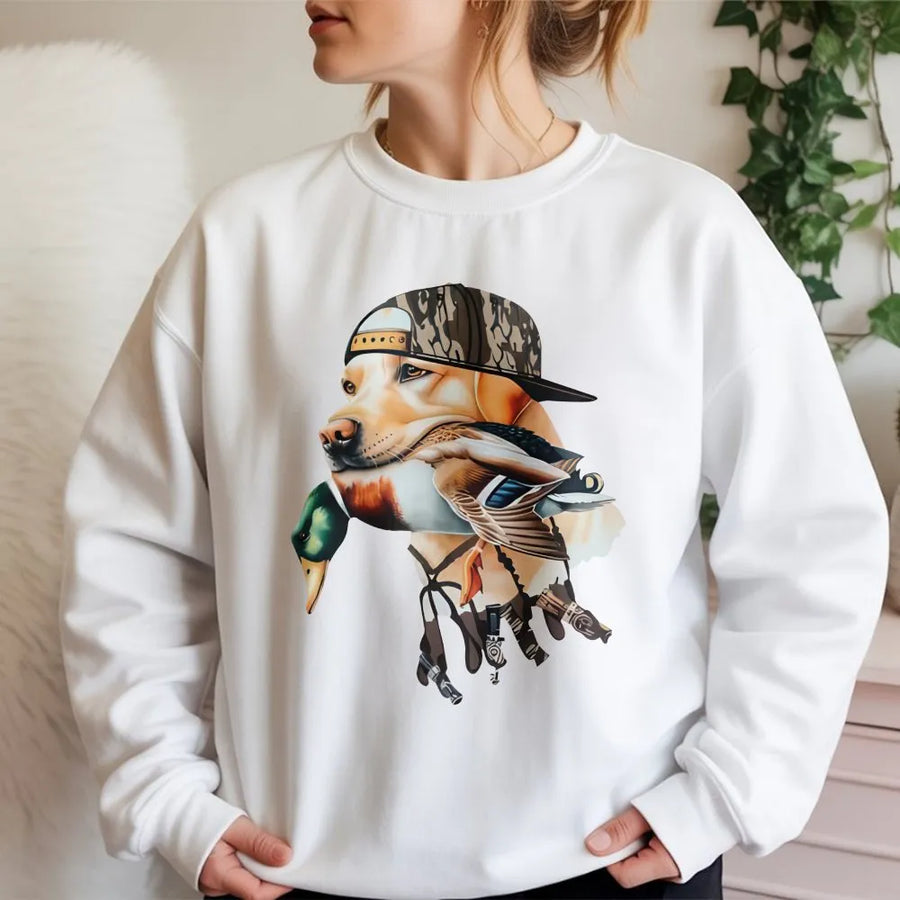 Duck Hunting Dog Sweatshirt | Labrador Retriever with Camo Hat & Mallard Graphic | Premium Cotton Tee | Outdoorsman Gift for Men