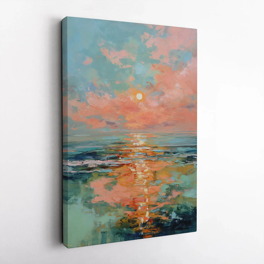 Abstract Sunset Ocean Painting | Pink and Blue Coastal Wall Art | Premium Gallery Wrapped Canvas | Serene Modern Home Decor Gift