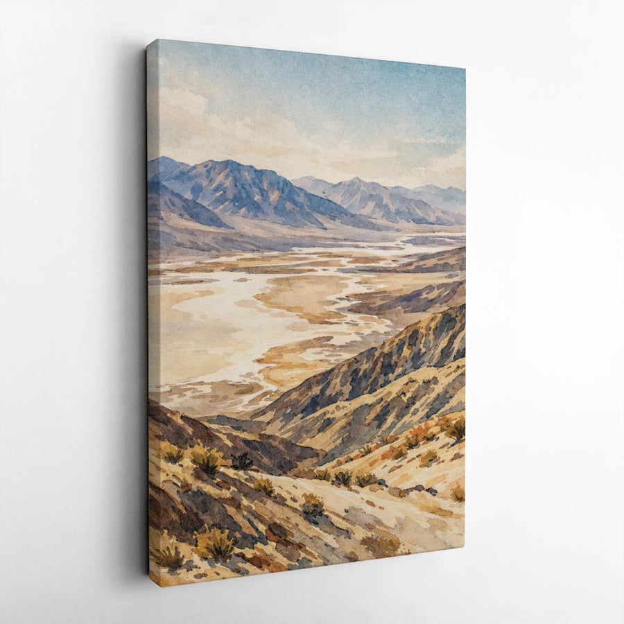 Desert Landscape Vertical Canvas | Watercolor Mountain Valley Art | Premium Gallery Wrapped Print | Rustic Home Decor Gift