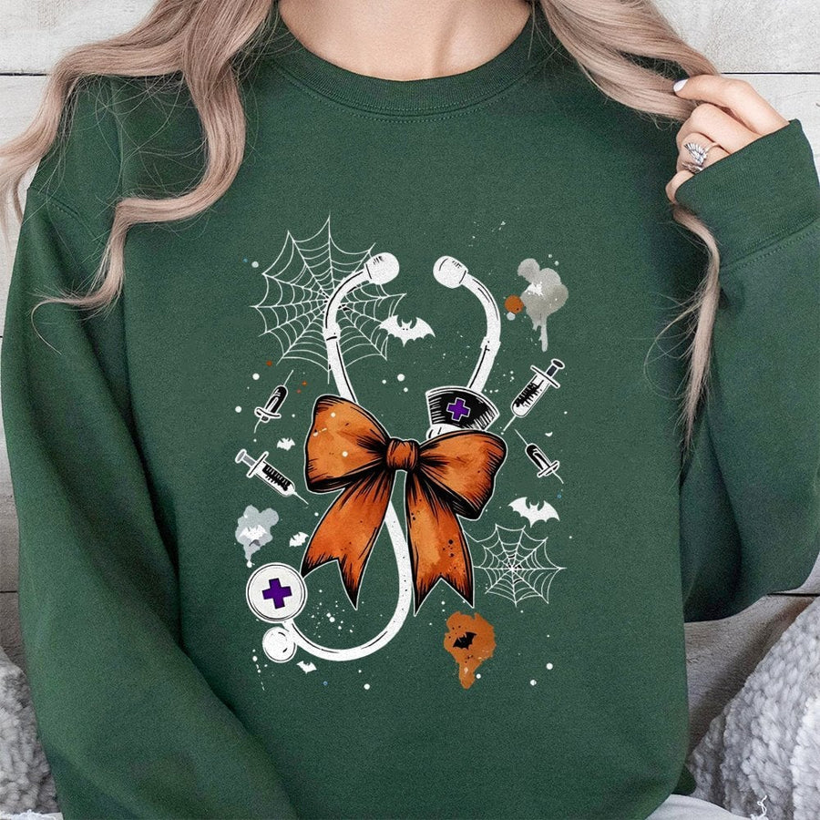 Halloween Nurse Sweatshirt | Spooky Stethoscope Bow Design | Cotton-Poly Blend Premium Crewneck | Gift for Nurses & Nursing Students