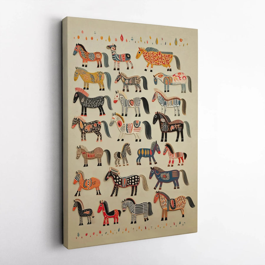 Scandinavian Folk Art Horse Canvas | Colorful Dala Horse Wall Decor | Premium Fade-Resistant Print | Bohemian Nursery or Home Gift
