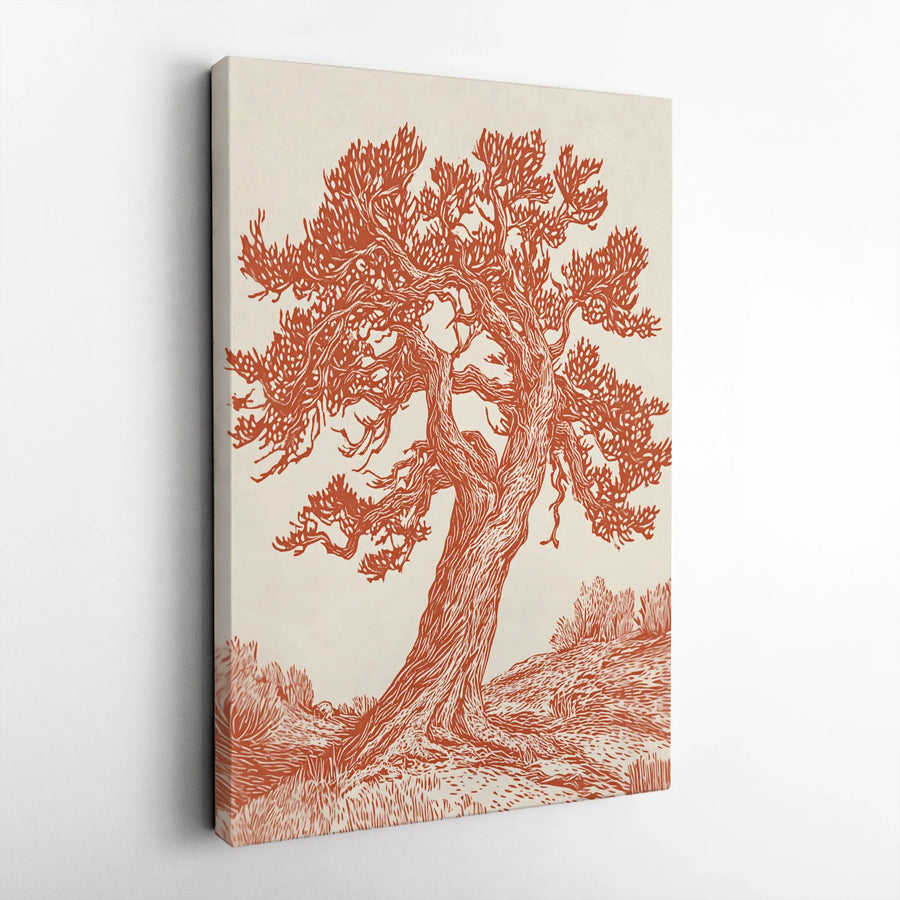 Ancient Tree Canvas Print | Minimalist Linocut Art | 1.25-Inch Gallery Wrap | Bohemian Botanical Wall Decor for Living Room