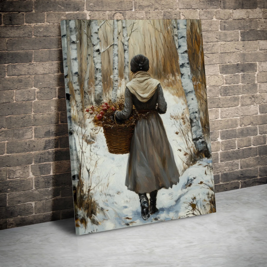 Winter Birch Forest Wall Art | Woman With Berry Basket Oil Painting Style | 1.25-Inch Premium Canvas Print | Cozy Seasonal Home Decor Gift