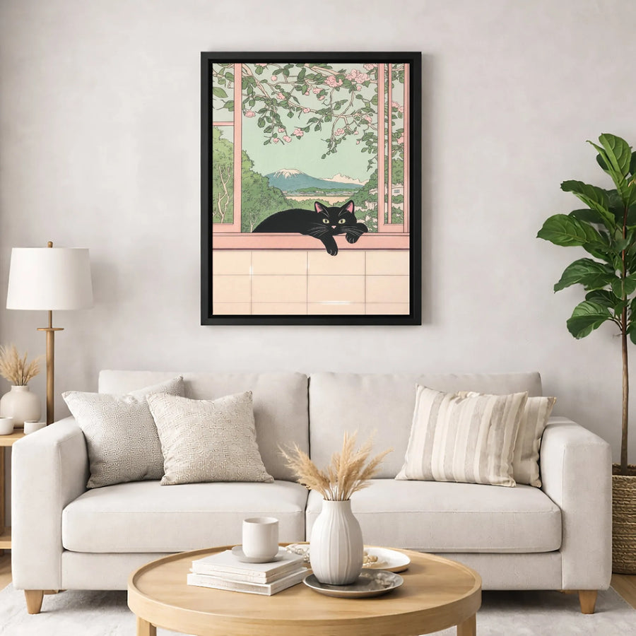 Japanese Black Cat Wall Art | Mt Fuji Cherry Blossom View | Premium Gallery Canvas | Aesthetic Home Decor Gift
