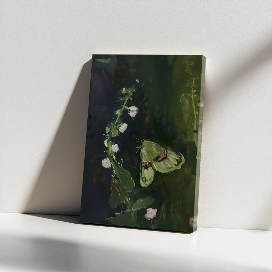 Moody Luna Moth Vertical Canvas | Vintage Dark Botanical Flower Oil Painting Print | Premium 1.25 Inch Gallery Wrap | Cottagecore Dark Academia Room Decor