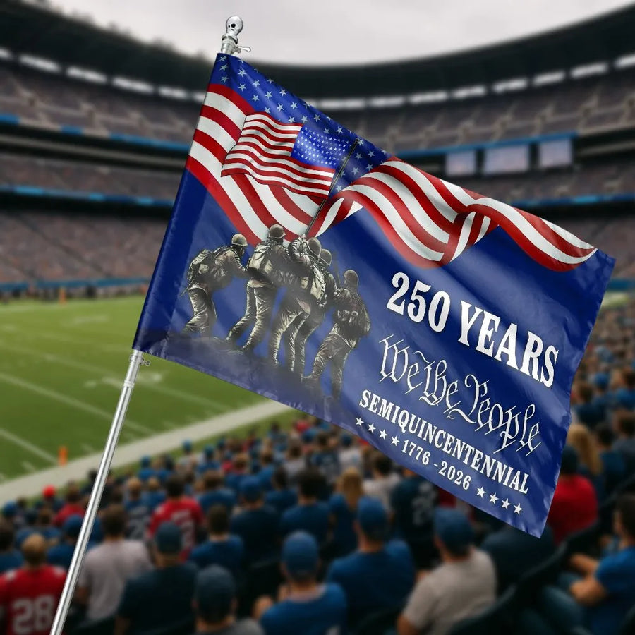 Semiquincentennial 250th Anniversary Flag | We The People & Soldiers Graphic | Double-Sided Polyester Banner | Commemorative Patriotic Yard Decor Gift