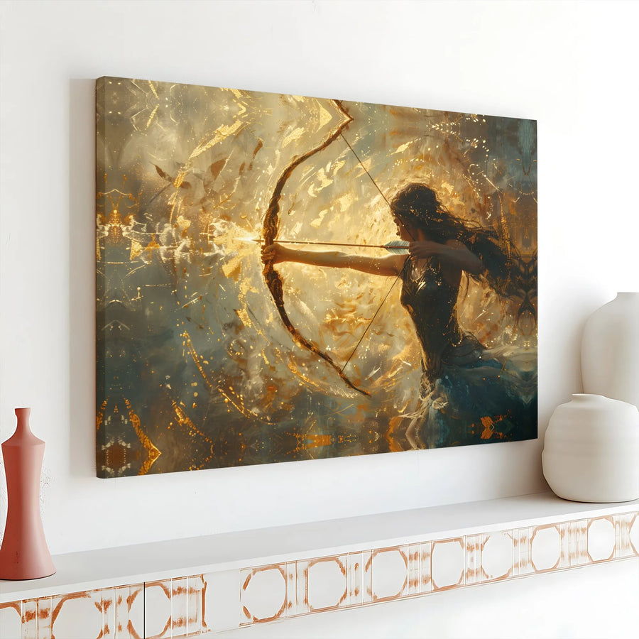 Sagittarius Zodiac Canvas Wall Art | Golden Archer Goddess Painting | Premium Thick Gallery Wrap | Collector's Astrology Home Decor Gift