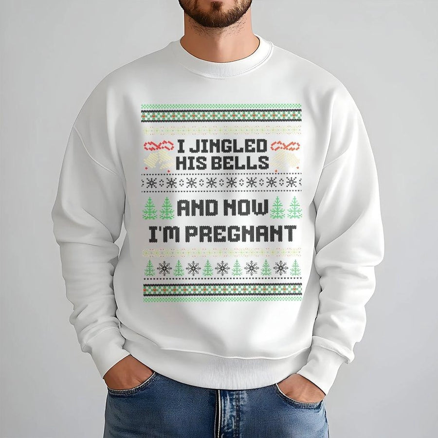 I Jingled His Bells Funny Christmas Sweatshirt | Pregnancy Announcement Ugly Sweater Design | Premium Cotton Blend | Gift For Expecting Moms