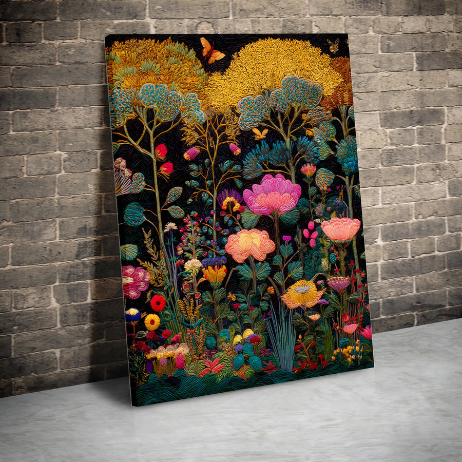 Enchanted Garden Canvas Wall Art | Textured Botanical Tapestry Print | Premium Gallery Wrapped Canvas | Boho Maximalist Home Decor Gift