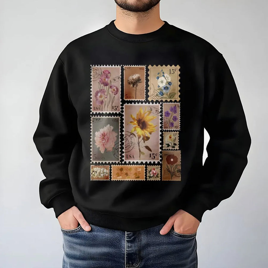 Vintage Flower Stamp Sweatshirt | Botanical Postage Stamp Graphic | Soft Cotton Blend | Gift for Plant Lover