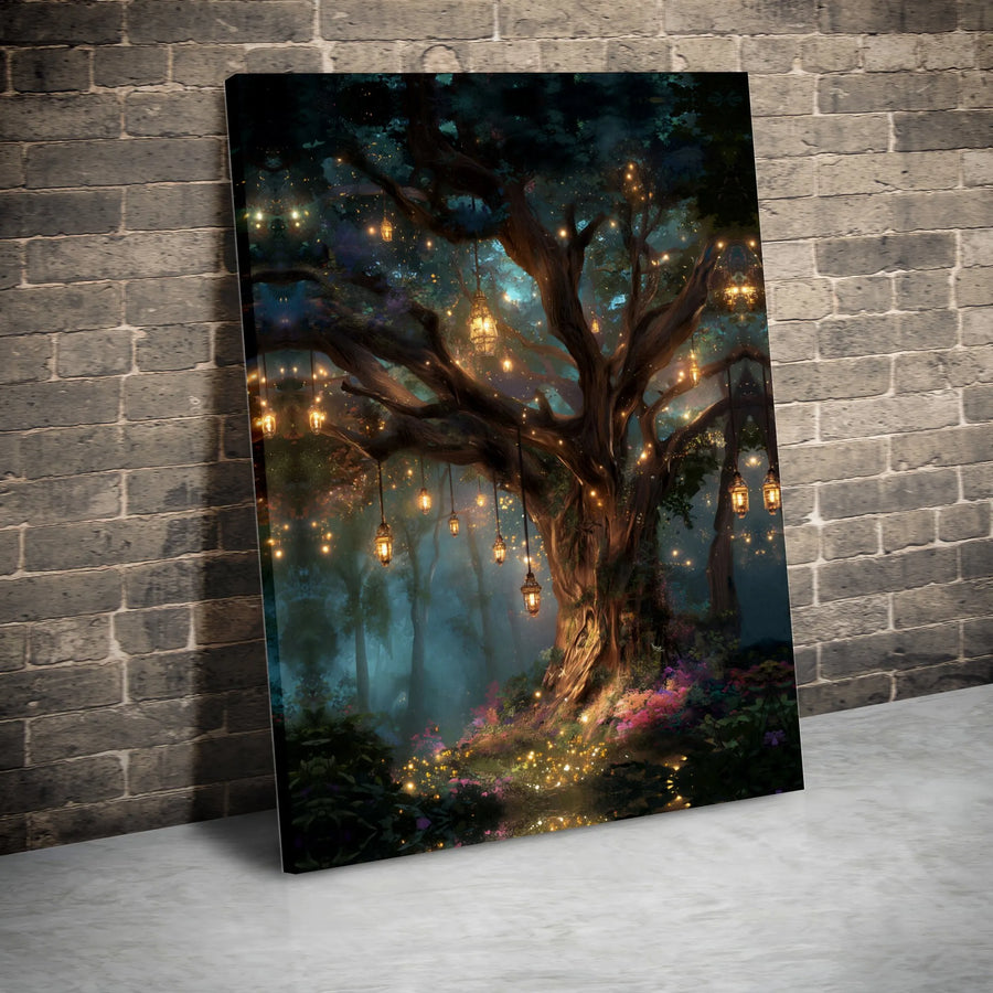 Enchanted Forest Canvas Wall Art | Magical Tree with Hanging Lanterns | Premium Gallery Quality Canvas | Fantasy Home Decor Gift