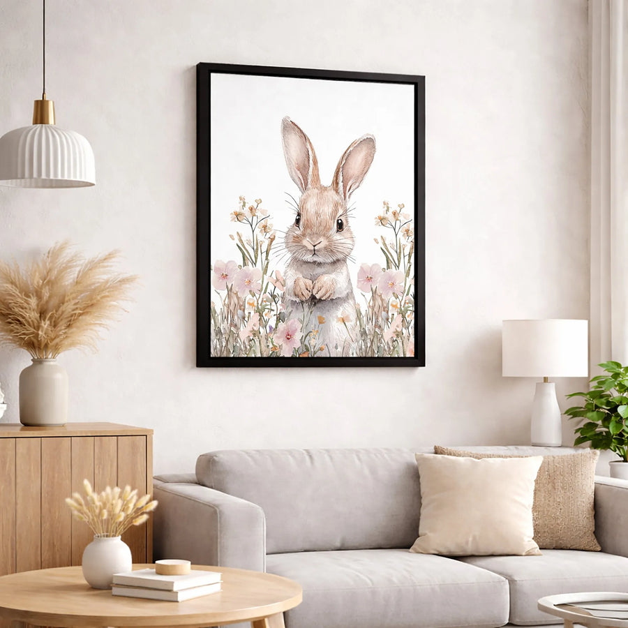 Watercolor Bunny Rabbit Canvas Print | Floral Woodland Nursery Wall Art | 1.25-Inch Premium Gallery Wrap | Nature-Inspired Home Decor Gift