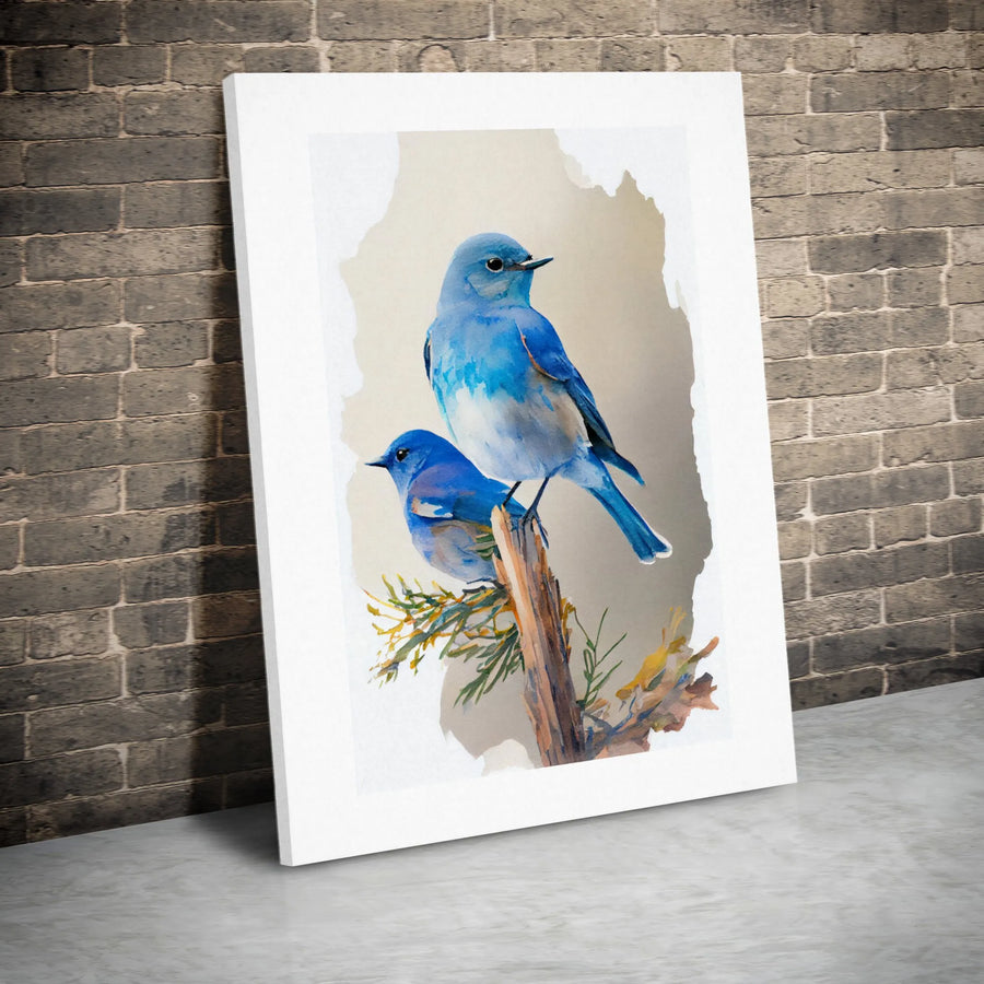 Bluebird Watercolor Wall Art | Serene Pair Perched on Branch | Premium Gallery-Wrapped Canvas Print | Nature Inspired Home Decor Gift