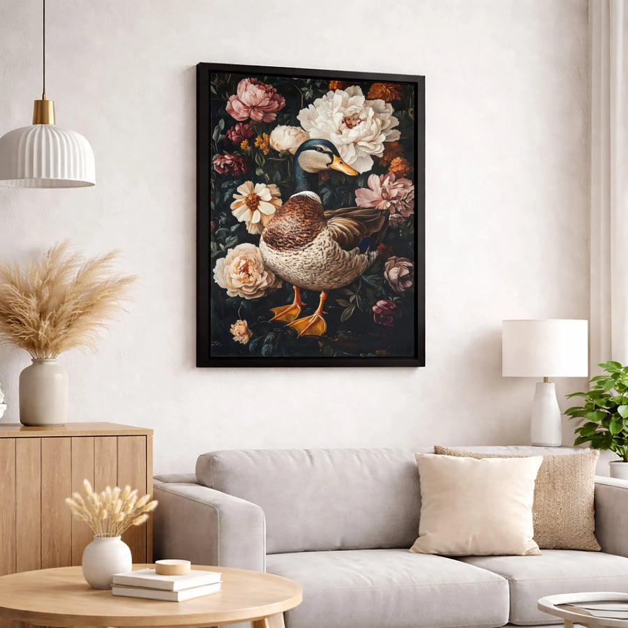 Mallard Duck Wall Art | Moody Floral Peony & Rose Oil Painting Style | Premium Gallery Canvas | Gift for Bird Lovers & Cottagecore Decor