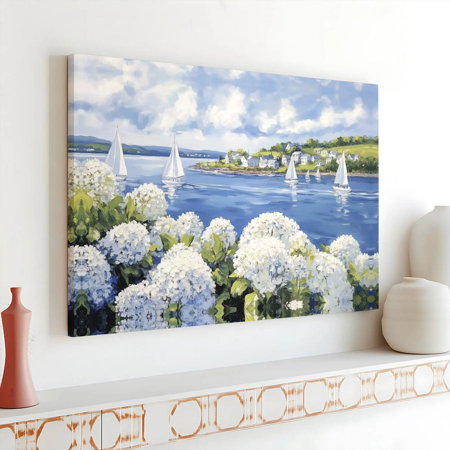 Coastal Sailboat & Hydrangea Canvas Wall Art | Nautical Village Seascape Painting | Premium Gallery Wrapped Canvas | Beach House Wall Decor Gift