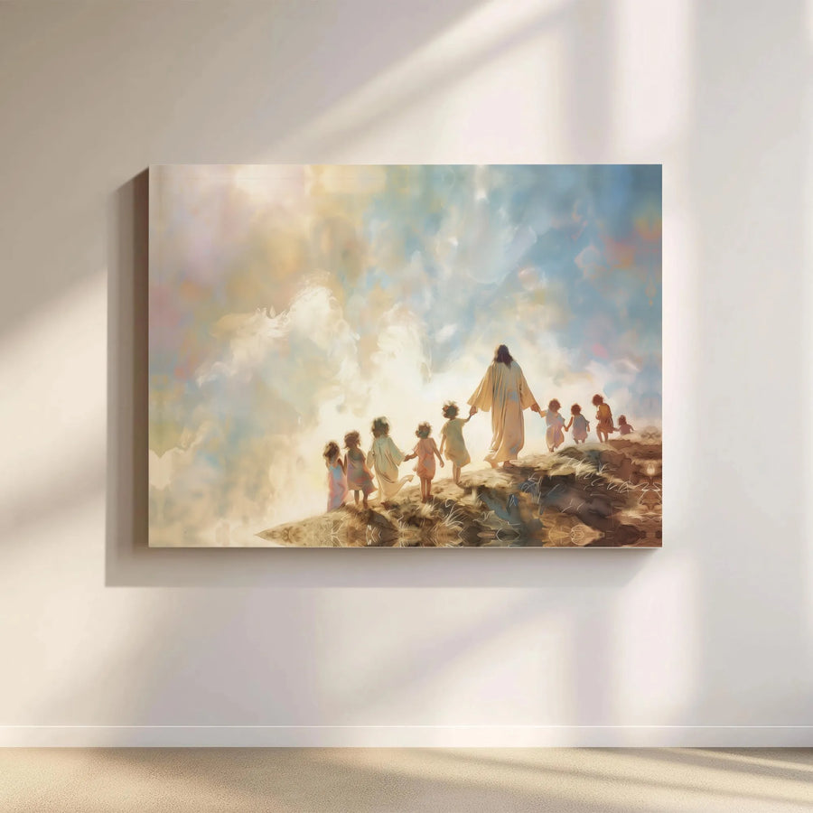 Jesus with Children Canvas Wall Art | He Walks With Us Watercolor Print | Premium Gallery Wrapped Canvas | Inspirational Christian Home Decor Gift