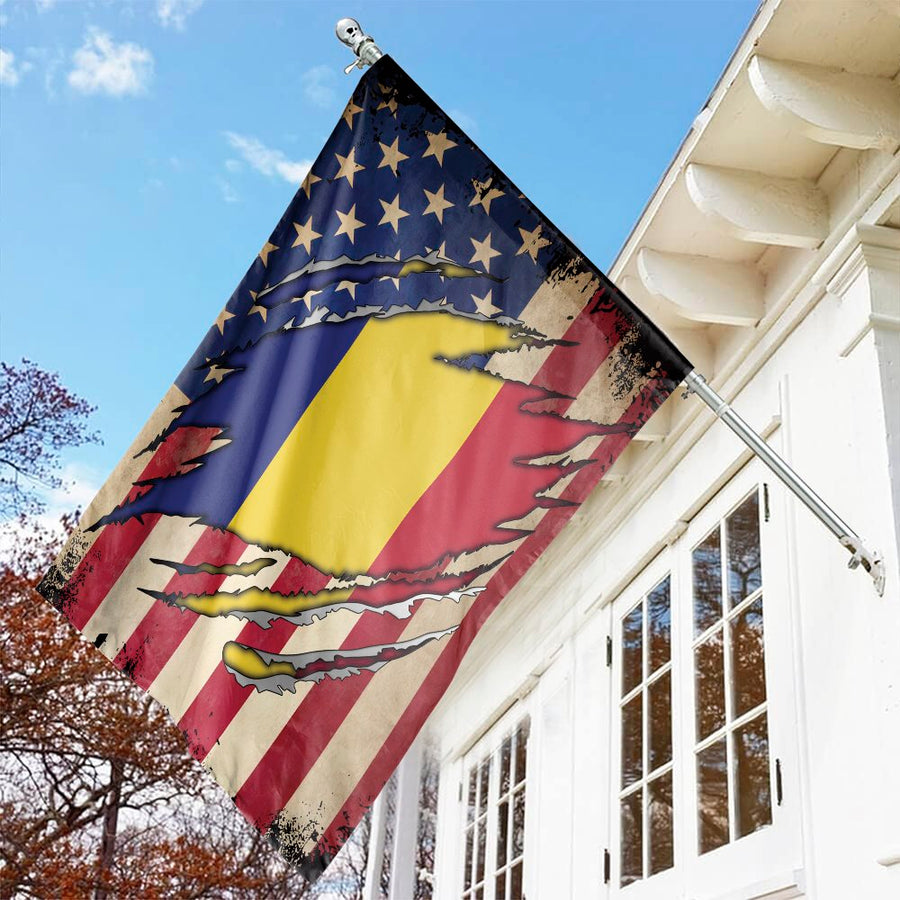 American Romanian Flag | Torn US Flag with Romania Emblem | Premium Weather-Resistant Polyester | Patriotic Dual Heritage Garden Gift