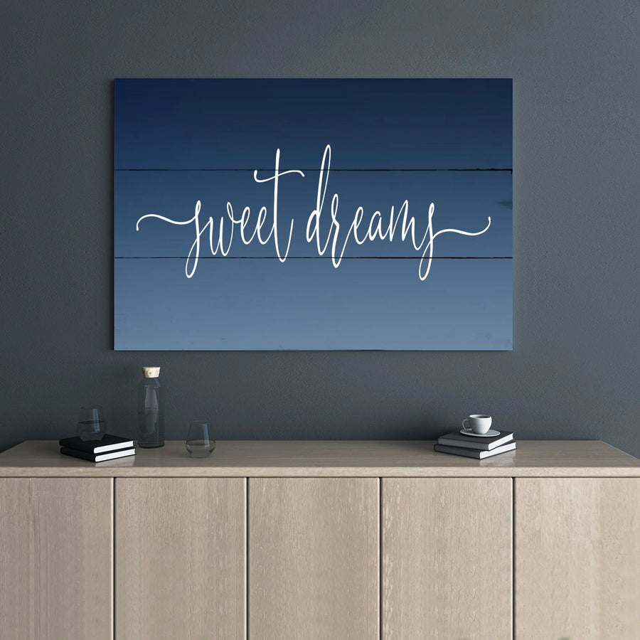 Sweet Dreams Wall Art Canvas | Modern Navy Blue Script Typography | Premium Gallery Wrap Decor | Relaxing Bedroom Wall Decor Gift