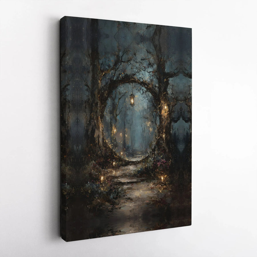 Enchanted Forest Canvas Wall Art | Moody Landscape with Magic Tree Portal | Premium Gallery Canvas Print | Gift for Fantasy Lover, Dark Academia Room Decor