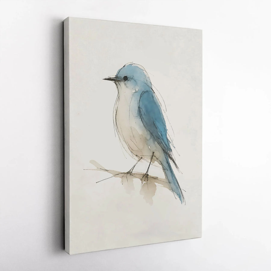 Blue Bird Canvas Wall Art | Minimalist Watercolor Ink Sketch | Premium Gallery Wrapped Print | Nature Home Decor Gift for Bird Lovers