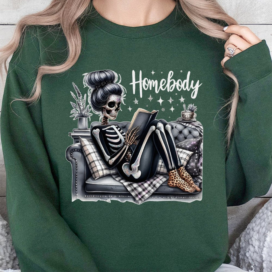 Homebody Skeleton Reading Sweatshirt | Funny Reading Lover Graphic | Soft Cotton Blend Unisex Pullover | Cozy Bookworm Gift for Her