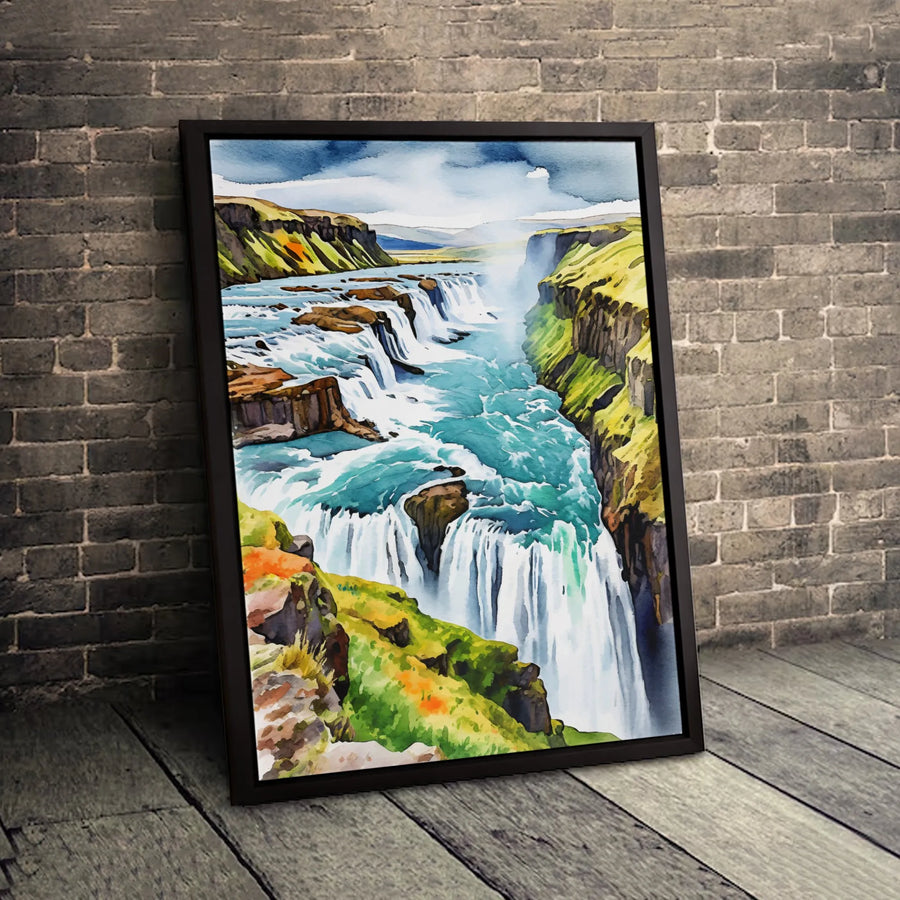 Gullfoss Waterfall Canvas Print | Icelandic Landscape Watercolor Art | Premium Fade-Resistant Wall Decor | Nature Lover Gift for Home Office