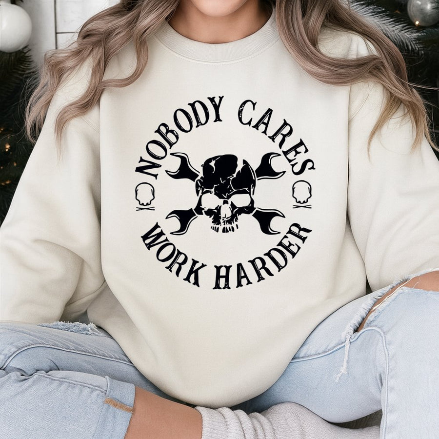 Nobody Cares Work Harder Sweatshirt | Motivational Skull Wrench Graphic | Premium Cotton Blend | Unisex Gym & Mechanic Apparel Gift