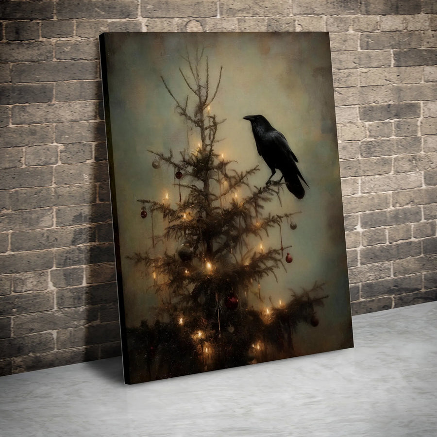 Gothic Raven Christmas Tree Wall Art | Moody Dark Academia Holiday Decor | Premium Fade-Resistant Canvas | Unique Winter Home Gift