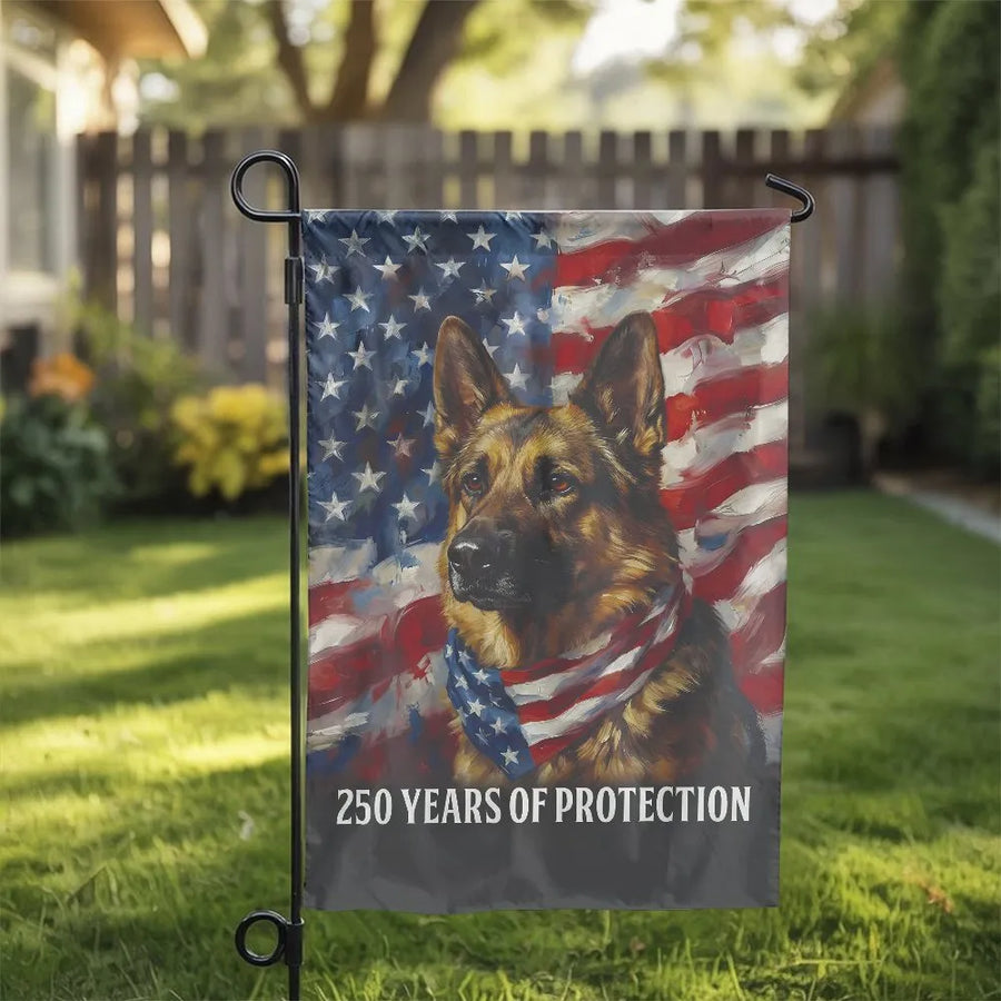 German Shepherd American Flag Garden Flag | Patriotic USA Dog Portrait | Double Sided Weather Resistant Polyester | Gift for Dog Lovers & Veterans